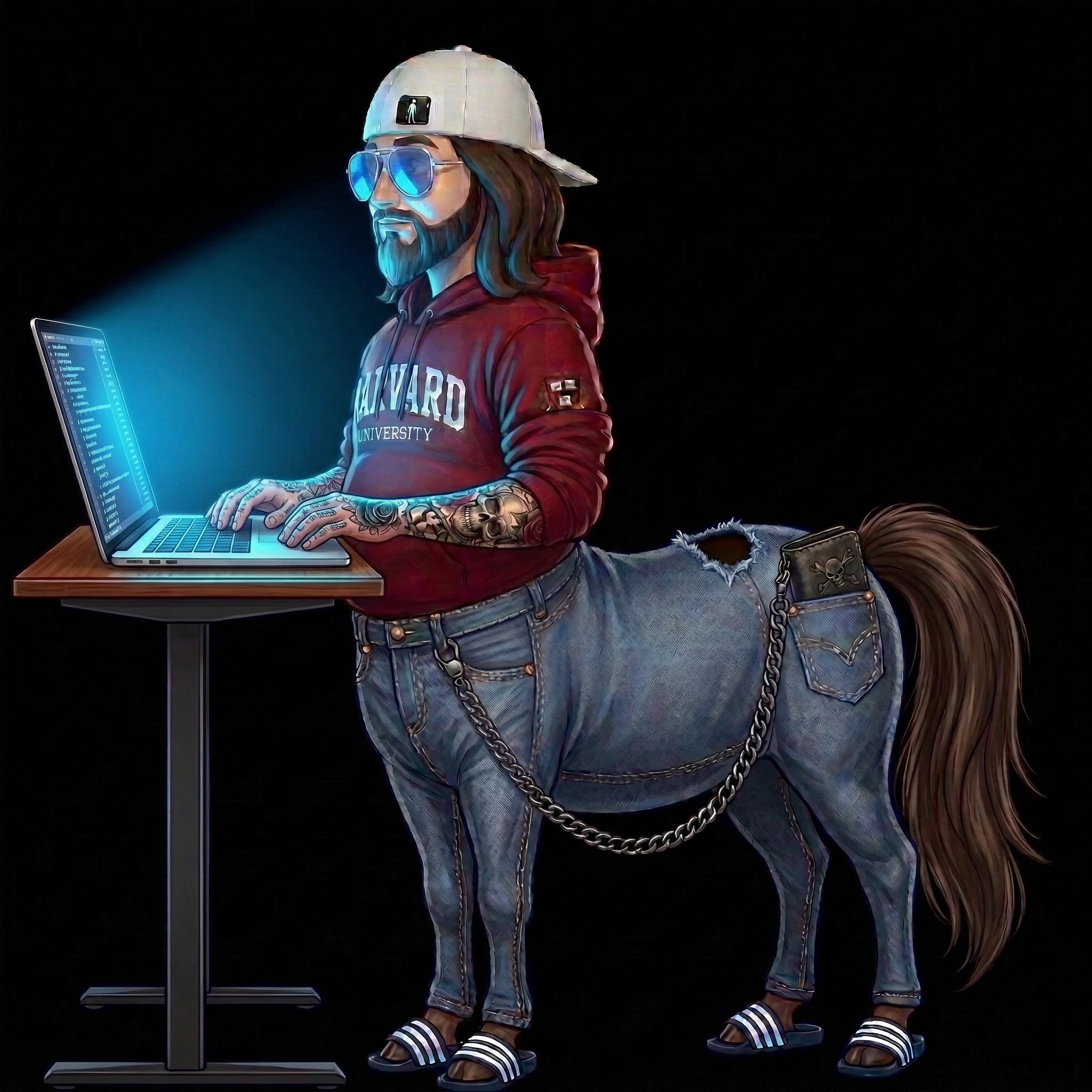 Chris as a centaur — Harvard hoodie, tattooed arms, coding at a standing desk